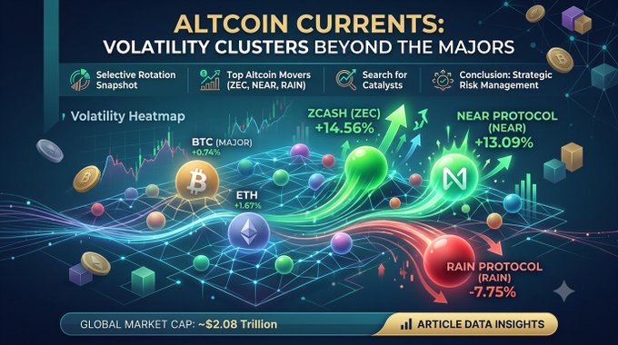 An infographic titled "ALTCOIN CURRENTS: VOLATILITY CLUSTERS BEYOND THE MAJORS" highlights top movers including ZCASH (ZEC) +14.56%, NEAR PROTOCOL (NEAR) +13.09%, RAIN PROTOCOL (RAIN) -7.75%, alongside BTC +0.74% and ETH +1.67%, with a global market cap of ~$2.08 Trillion.