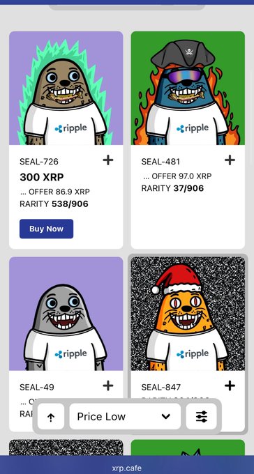 A mobile screen displaying an NFT marketplace (xrp.cafe) showing cartoon seal character collectibles, with listings including SEAL-726 at 300 XRP and SEAL-481 at 97.0 XRP, sorted by Price Low.