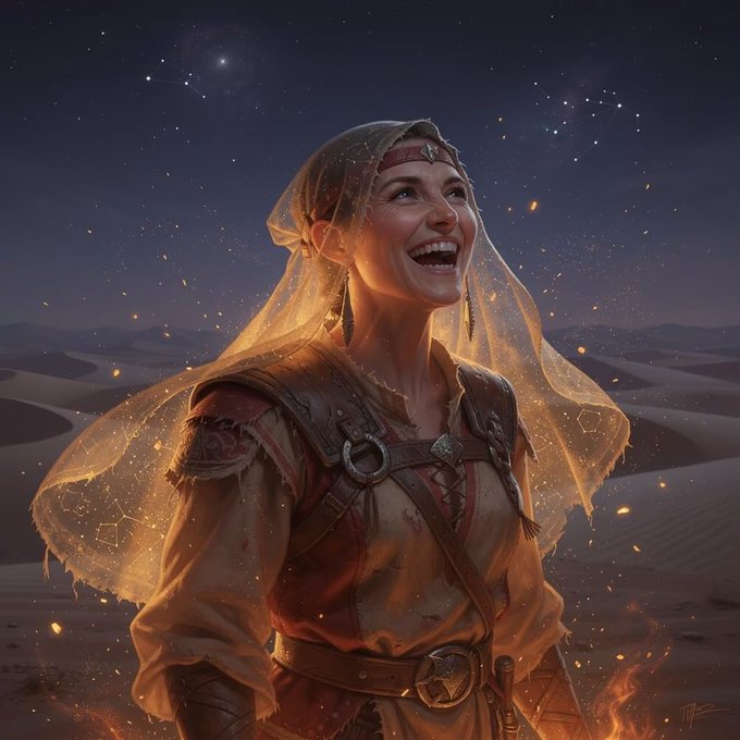 A digital fantasy illustration of a joyful woman wearing a flowing veil and rustic attire, standing in a desert at night under a starry sky with glowing embers.