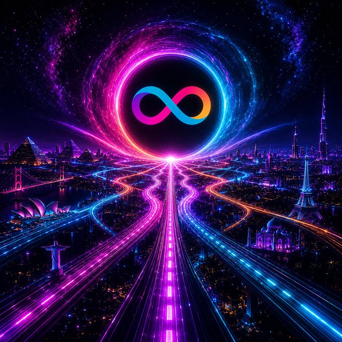 The image features a cityscape with multiple roads, including highways and smaller streets, all leading towards a large circle of lights that forms an "I" shape. The background of the image is dark blue, which contrasts with the colorful lights and creates a striking visual effect. The caption on the post reads "ALL ROADS LEAD TO $ICP", suggesting that there might be some sort of connection between the roads in the image and a specific event or location.
