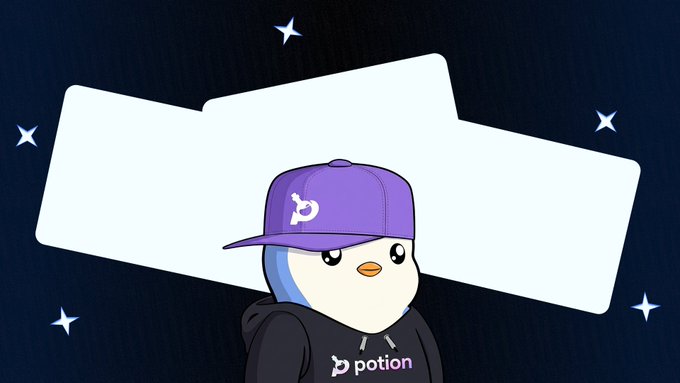 An illustrated penguin mascot wearing a purple cap and a black 'potion' hoodie, set against a starry night background.