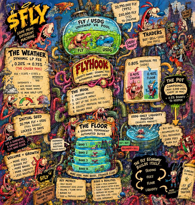 A highly detailed, colorful infographic titled 'THE WEATHER' and 'FLYHOOK' explaining the FLY/USDG Uniswap v4 pool mechanism, detailing liquidity-aware dynamic fees, the 'Hook' steps, Floor bands, $FLY economy, and the FLY/USDG 20.79M initial seed with key metrics and risks.