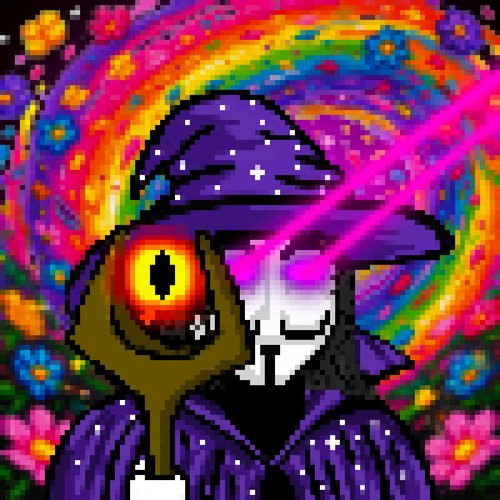 Pixel art illustration of a purple cloaked character with a masked face and a large red glowing eye, set against a vibrant rainbow background filled with colorful flowers and pink laser beams.