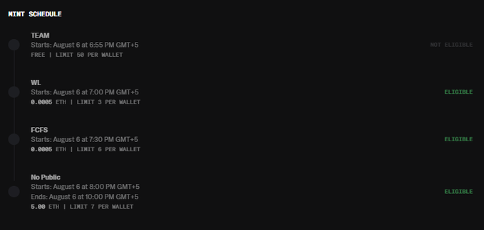A mint schedule table lists four tiers: 'TEAM' (NOT ELIGIBLE), 'WL', 'FCFS', and 'No Public' (all ELIGIBLE), with various ETH prices, limits, and start times on August 6.