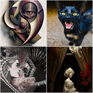 A four-panel collage showcasing digital artworks, including an abstract geometric face, a hissing black cat, a stylized illustration of a woman with flowing hair, and a classical female figure in an ornate setting. The image displays pieces collected on the @objktcom platform, with the artist thanking supporters and collaborators @FpFariba7373, @YULIKA_art, @risugawa, @Unknown1Prophet, and Neuromech for helping make the EIRENE piece and other collected works possible.