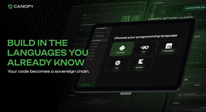 An advertisement for Canopy shows a tablet UI that lets developers “Choose your programming language” — Python, Go, TypeScript, C#, and Kotlin — under the slogan “BUILD IN THE LANGUAGES YOU ALREADY KNOW” and the promise “Your code becomes a sovereign chain.” This illustrates how using familiar languages can tackle the infrastructure problem in Web3 that the post describes.