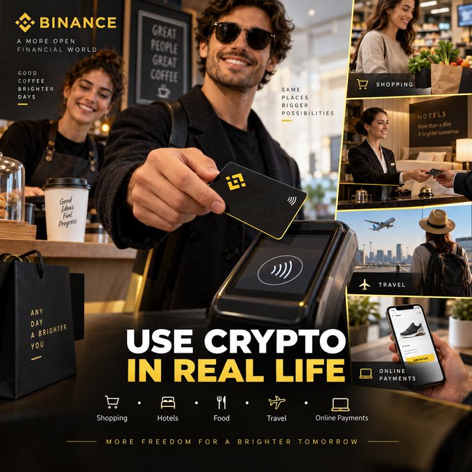 Binance promotional image titled "USE CRYPTO IN REAL LIFE" with the tagline "A MORE OPEN FINANCIAL WORLD." It shows a man paying with a Binance card and features icons for Shopping, Hotels, Food, Travel, and Online Payments, alongside the phrase "MORE FREEDOM FOR A BRIGHTER TOMORROW."