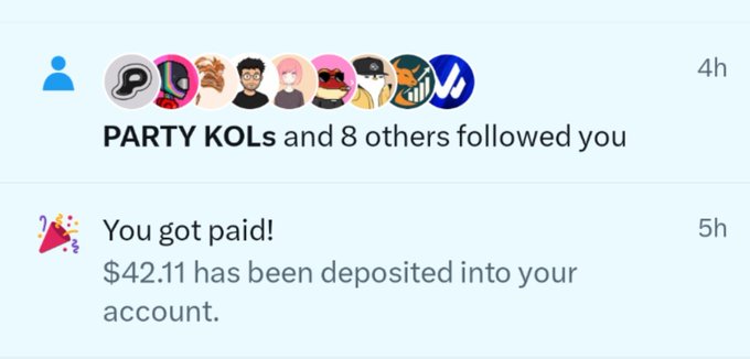A social media notification shows that 'PARTY KOLs and 8 others followed you' and a payment notification stating 'You got paid! $42.11 has been deposited into your account.'