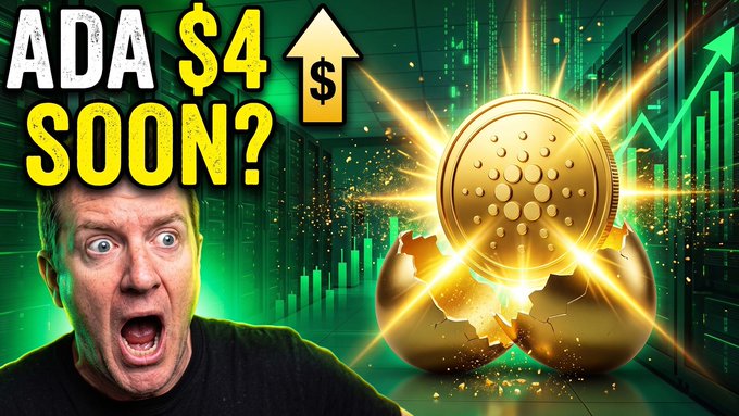 A YouTube video thumbnail featuring a shocked man alongside a cracked golden coin and a rising chart, with bold text reading "ADA $4 SOON?" promoting the video about a potential Cardano price surge to $4.
