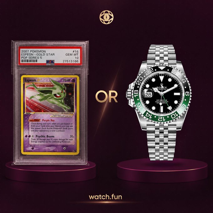 A PSA 10 graded 2007 Pokémon Espeon-Gold Star card #16 is presented alongside a Rolex GMT-Master II watch with a green and black bezel, separated by the word "OR" against a dark background, prompting viewers to choose between two equally valued collectibles.