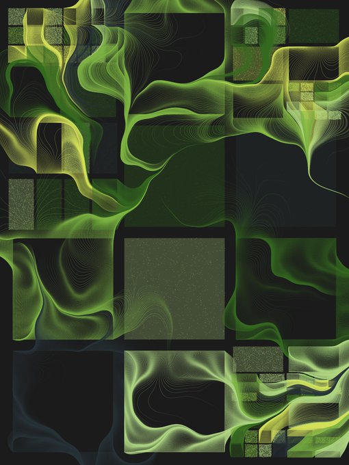 The image features a digital art piece with a green color scheme, which appears to be a computer-generated design or an abstract painting. The artwork has a unique pattern of lines and shapes that create a sense of movement and energy. There are multiple squares within the composition, each containing different elements such as trees, flowers, and other natural forms. The overall effect is one of complexity and depth, with various layers and textures that make it visually intriguing.