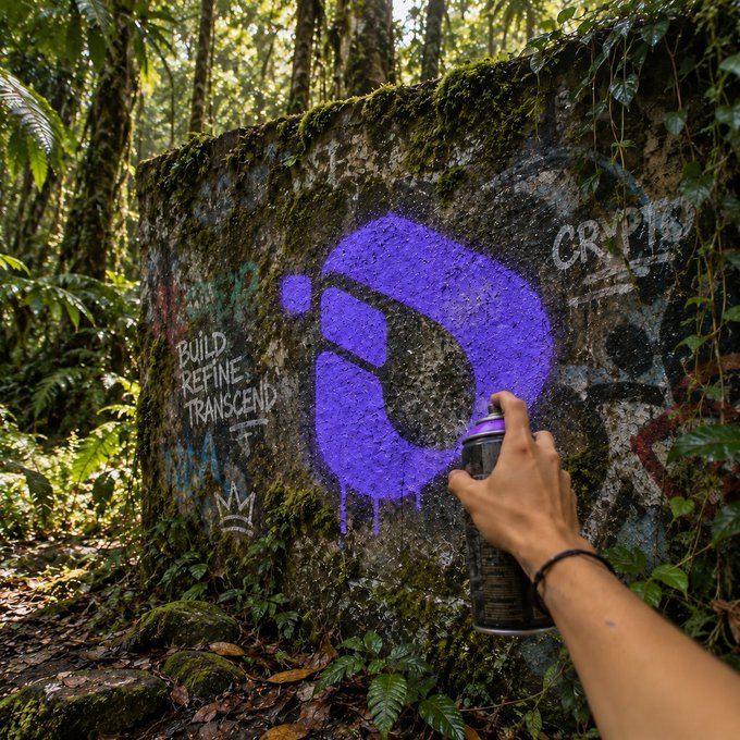 A person's hand holding a can of purple spray paint applies graffiti art to a moss-covered concrete wall in a jungle setting, near white painted text that reads 'BUILD, REFINE, TRANSCEND' and 'CRYPLZ'.