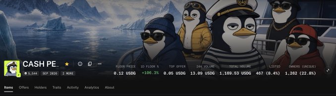 A cryptocurrency token page showing 'CASH PE' token with penguin mascots, displaying stats like 24h Volume: 13.09 USD, Total Volume: 1,169.53 USD, and List ID 467.