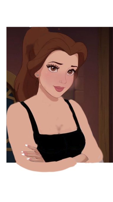 An animated illustration of a young woman with long brown hair wearing a black tank top, with her arms crossed and a slight smile.