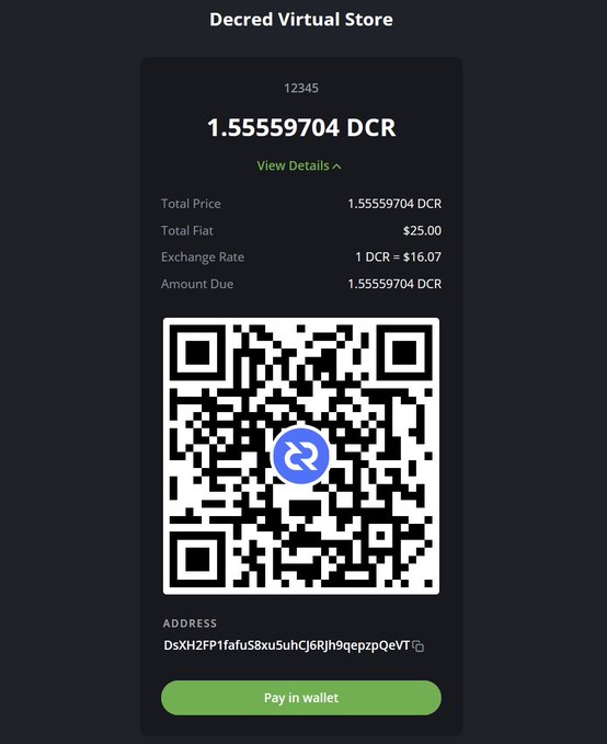 The image shows a screenshot of a payment page from a virtual store, displaying a QR code that needs to be entered into an online wallet for payment. The main focus of the image is the QR code, which is black and white with some blue elements. The text in the image reads "Running @Btcpay Server on Mainnet." This indicates that the payment process is currently ongoing or has recently started.