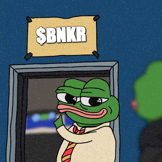 A cartoon drawing of a green frog character wearing a white shirt and red-and-yellow striped tie, standing in a doorway beneath a sign labeled "$BNKR".