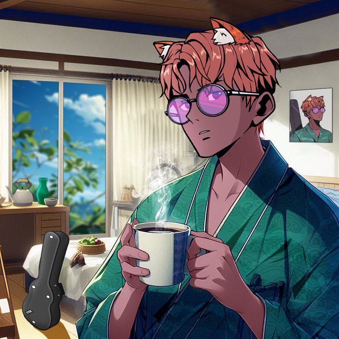 An anime-style illustration depicts a person with orange hair, cat ears, and round purple sunglasses wearing a green yukata and holding a steaming mug of coffee.