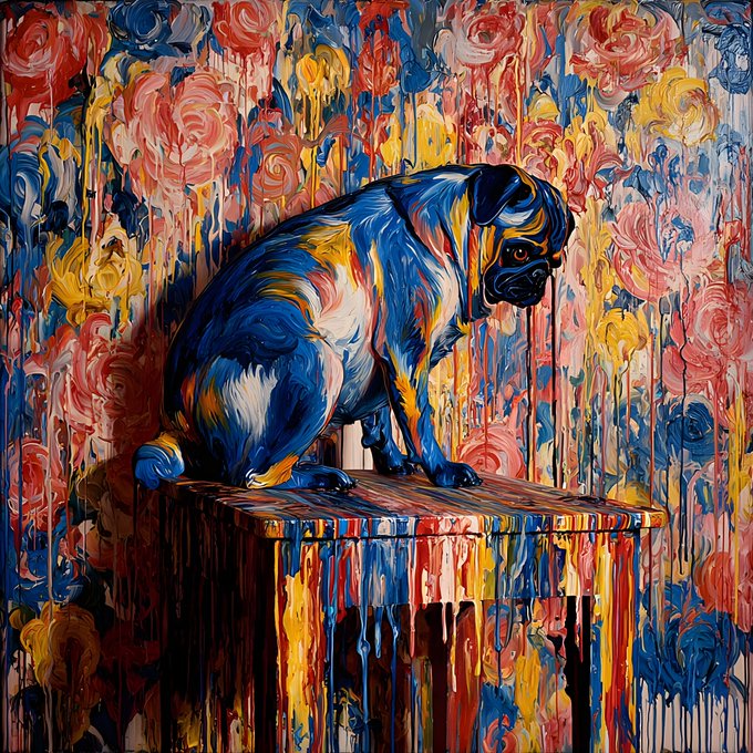 An impressionistic painting of a blue, yellow, and white pug sitting on a paint-splattered wooden stool against a vibrant floral background.