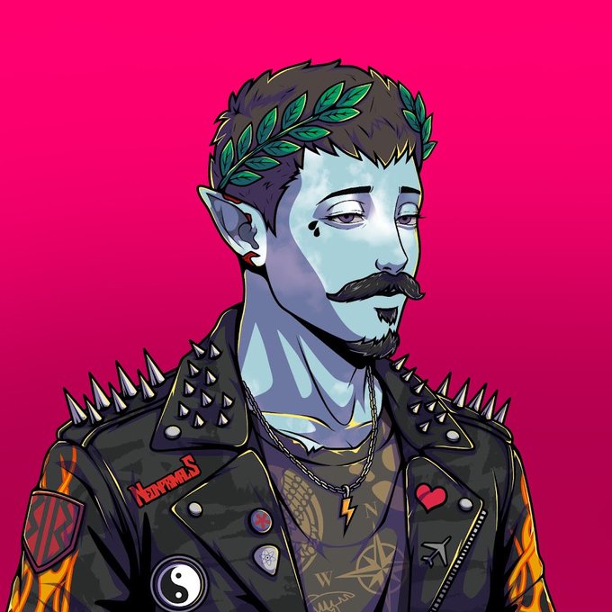 A digital illustration of a blue-skinned elf-like figure with pointed ears wearing a laurel wreath and a spiked leather jacket, set against a pink background.
