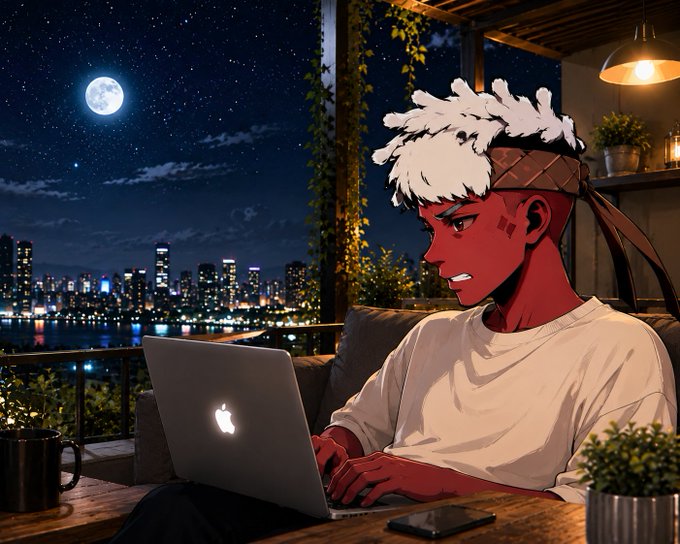 An anime-style illustration depicts a character with red skin and white dreadlocks working on a glowing Apple laptop on a balcony overlooking a city skyline at night with a full moon.