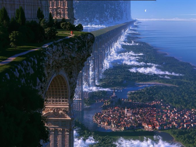 A fantastical digital illustration depicts a massive, monumental wall or aqueduct stretching across a landscape, with grand architectural structures built into a grassy cliff and a village nestled in the valley below among misty forests.