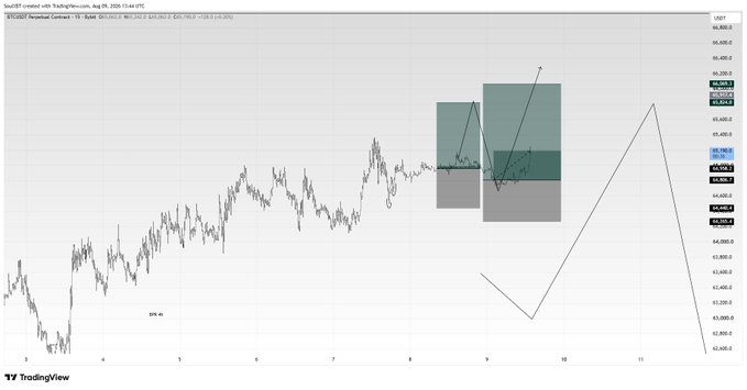 A TradingView chart of Bitcoin/USD (BTCUSD) on the Perpetual Contract from BingX, dated Aug 08, 2026, showing price action with technical analysis drawings including rectangles and trend lines on the right side.