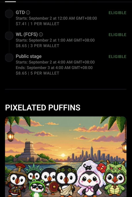 A screenshot showing a token sale schedule listing 'GTD' at $7.41, 'WL (FCFS)' at $8.65, and a 'Public stage' at $8.65, followed by artwork for 'PIXELATED PUFFINS' featuring cartoon penguin-like characters.