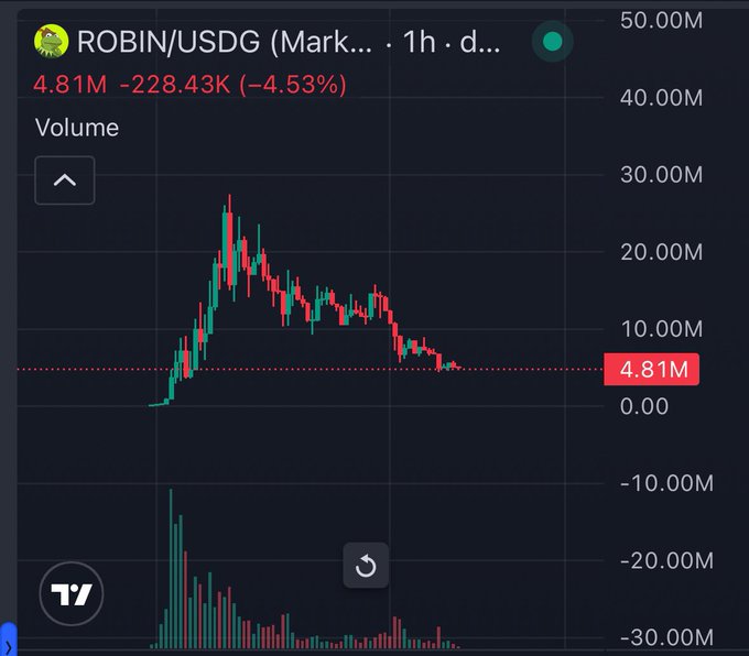 A TradingView chart shows the ROBIN/USDG token on a 1-hour timeframe, displaying a sharp price spike followed by a steep decline to a current volume of 4.81M, down 4.53% (-228.43K), reflecting the classic pump-and-dump pattern typical of newly launched memecoins like "Robinhood Chain's Pepe" mentioned in the post.