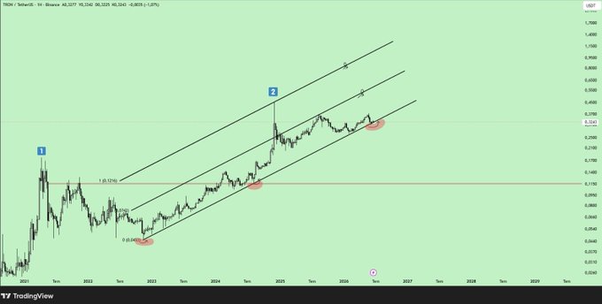 A TRON/USDT weekly chart from Binance shows the price action marked with key points labeled 1 and 2, along with an ascending parallel channel highlighting TRON's multi-year bull run since 2021. The chart illustrates the long-term uptrend referenced in the post about TRON's resilience despite competition from other Layer 1 and 2 blockchains.