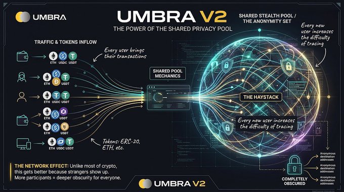 The image is a promotional infographic for "UMBRA V2," titled "The Power of the Shared Privacy Pool," illustrating how users with various tokens (ETH, USDC, USDT) on Solana feed into a shared stealth pool, creating a network effect where more participants deepen obscurity for everyone.

The graphic supports the post's emphasis on convenience by visually showing how multiple assets flow into the same "Haystack" without requiring a special privacy coin, reinforcing the user's point that you can use whatever you already hold.