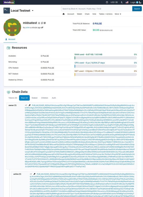 A screenshot of a MediaChain 'Local Testnet' page showing account details, resources, and chain data for a user named 'midstest', with a PULSE balance of 0 and 0.0000 PULSE staked.
