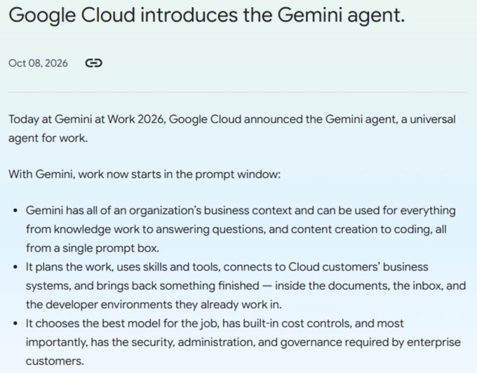 A Google Cloud blog post titled 'Google Cloud introduces the Gemini agent' dated Oct 08, 2026, announcing a universal agent for work from a single prompt box.