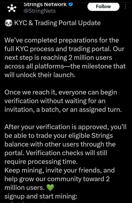A tweet from @StringNets (Strings Network) announcing the completion of preparations for their KYC process and trading portal, with the next milestone being 2 million users.
