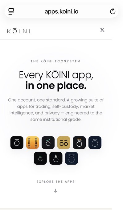 A mobile browser screenshot of the apps.koini.io website, promoting "THE KŌINI ECOSYSTEM" with the headline "Every KŌINI app, in one place," describing apps for trading and self-custody, alongside a grid of app icons.