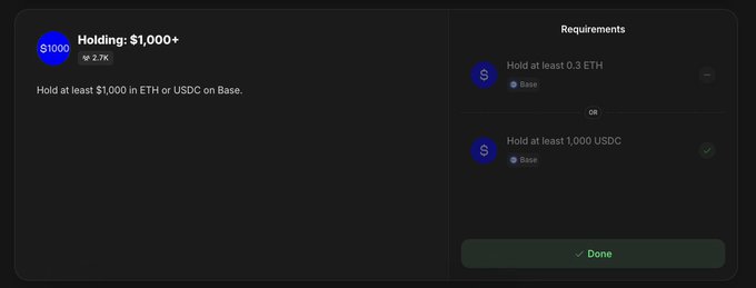 A screenshot of a crypto holding requirement panel showing "Holding: $1,000+" with a $1000 icon, requiring at least 0.3 ETH or 1,000 USDC on Base, with the USDC requirement marked as completed. This relates to the post's sentiment that "USDCなら、まぁいいか" (If it's USDC, then I guess it's okay), as the user has satisfied the holding requirement using USDC on Base rather than ETH.