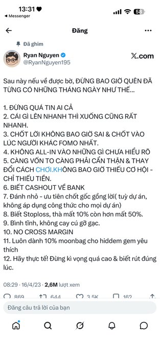 Vietnamese-language X (Twitter) post by Ryan Nguyen (@RyanNguyen195) listing 12 trading lessons/principles with hashtags #CHƠI and #DÃNG, posted on 16/4/23.