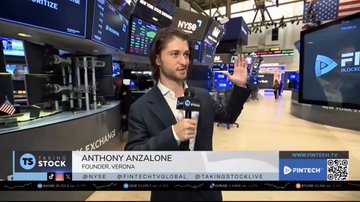 A reporter interviews Anthony Anzalone, Founder and CEO of Xion/Verona, on the floor of the New York Stock Exchange (FINTECH TV). The image directly corresponds to the post's mention of the company's rebrand to Verona and the CEO's interview at the NYSE.