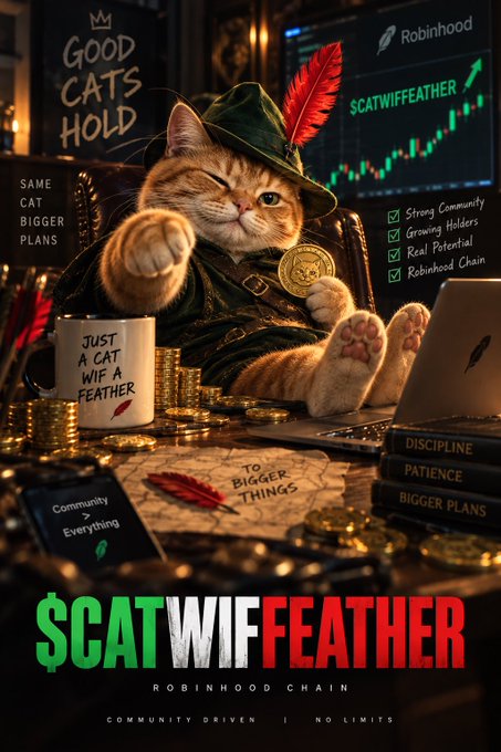 A promotional poster for the meme token '$CATWIFFEATHER' on Robinhood Chain, depicting a cat wearing a feathered hat surrounded by gold coins, with the tagline 'GOOD CATS HOLD' and 'COMMUNITY DRIVEN | NO LIMITS'.