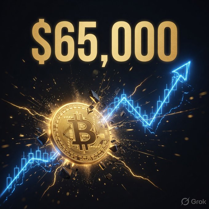 A glowing gold Bitcoin coin bursts through a dramatic blue upward-trending chart, with bold "$65,000" text displayed prominently above against a dark background, visually representing Bitcoin's surge to that price milestone as highlighted in the post about three major triggers aligning simultaneously.