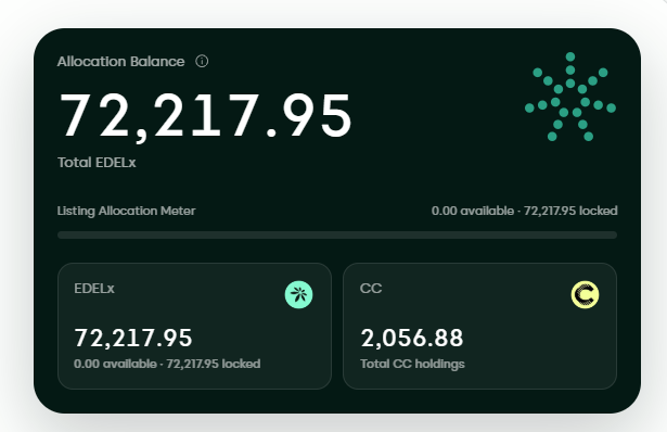 A dashboard displaying an Allocation Balance of 72,217.95 Total EDELx (0.00 available, 72,217.95 locked) and CC holdings of 2,056.88.