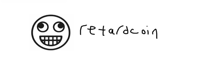 A simple black-and-white doodle featuring a circular face with big eyes and a toothy grin next to the handwritten text 'retardcoin'.