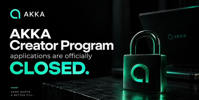 A sleek black promotional image featuring an illuminated teal AKKA padlock on a dark desk beside a laptop, with text announcing "AKKA Creator Program applications are officially CLOSED." The closed padlock visually reinforces the announcement that the application window has shut, complementing the message that 270+ creators applied and review of the first cohort is now underway.