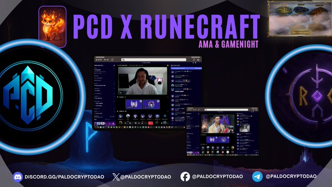 A promotional banner announces 'PCD X RUNECRAFT AMA & GAMENIGHT' with Discord and social media handles, featuring screenshots of a video call.