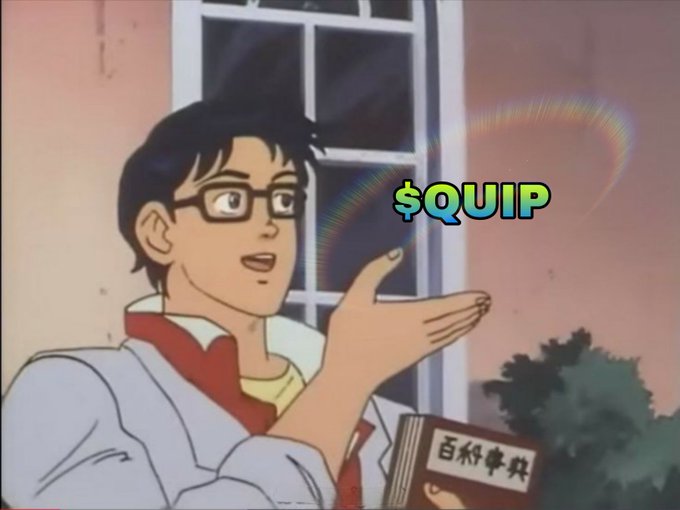 The image features a cartoon man wearing glasses holding a book titled "QUIP" with his right hand. The text "QUIP" is written above him, indicating that he is promoting a native utility token called "@quipnetwork". This token serves as a universal computing credit for users who pay $QUIP to submit optimization jobs or receive tokens from operators and miners in exchange for their contributions.