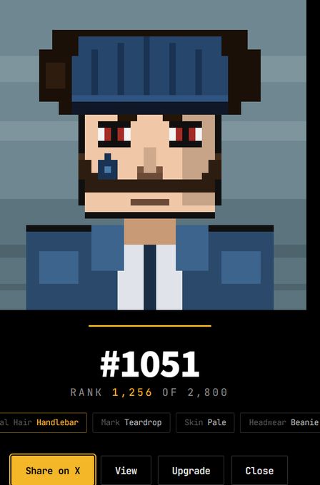 A pixel art character profile card (#1051) showing a bearded figure with a blue beanie and red eyes, ranked 1,256 of 2,800, with traits listed: Handlebar Hair, Teardrop Mark, Pale Skin, Beanie Headwear, and buttons for Share, View, Upgrade, Close.