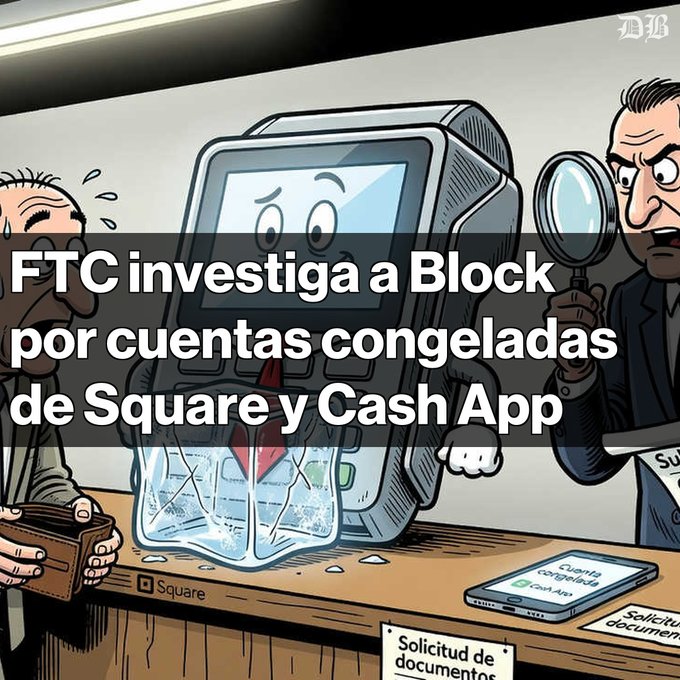 A cartoon illustration showing an anxious computer character being examined with a magnifying glass, with the Spanish text overlay 'FTC investiga a Block por cuentas congeladas de Square y Cash App'.