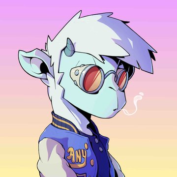 An anime-style illustration of a character with light blue skin, white hair, small horns, red goggles, and a blue and yellow jacket with 'ANU' on it.