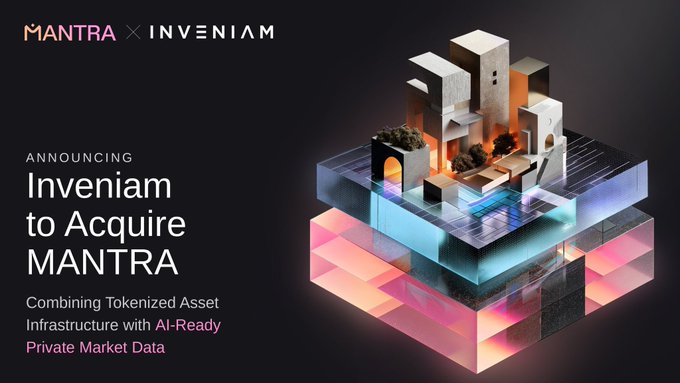 The image features a 3D rendering of a building made out of cubes with different colors, including pink, blue, green, and white. The text "Inveniam" is written above the cube structure, while "MANTRA x INVENTAM" is below it. The post also mentions that MANTRA is built for the stars and beyond, which could be related to the cubes or the company's name itself.
