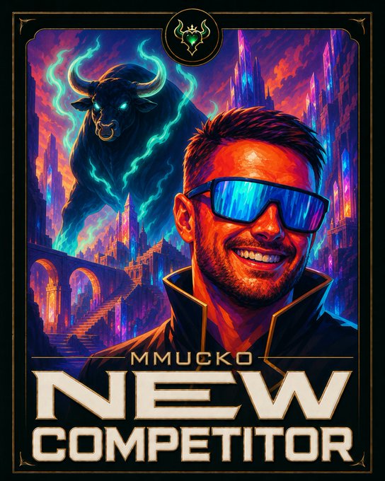 A vibrant illustrated poster for 'MMUCKO NEW COMPETITOR' featuring a smiling man wearing blue reflective sunglasses with a glowing blue-eyed bull behind him, set against a fantasy landscape with neon green lightning, purple castles, and a bridge, framed in gold art-deco borders.