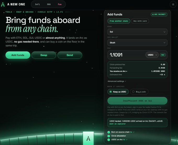 A dark-themed website screenshot for 'A NEW ONE' (Arc) showing a cryptocurrency bridging interface with text 'Bring funds aboard from any chain' and a 'Add funds' panel for swapping USDC from Sui.
